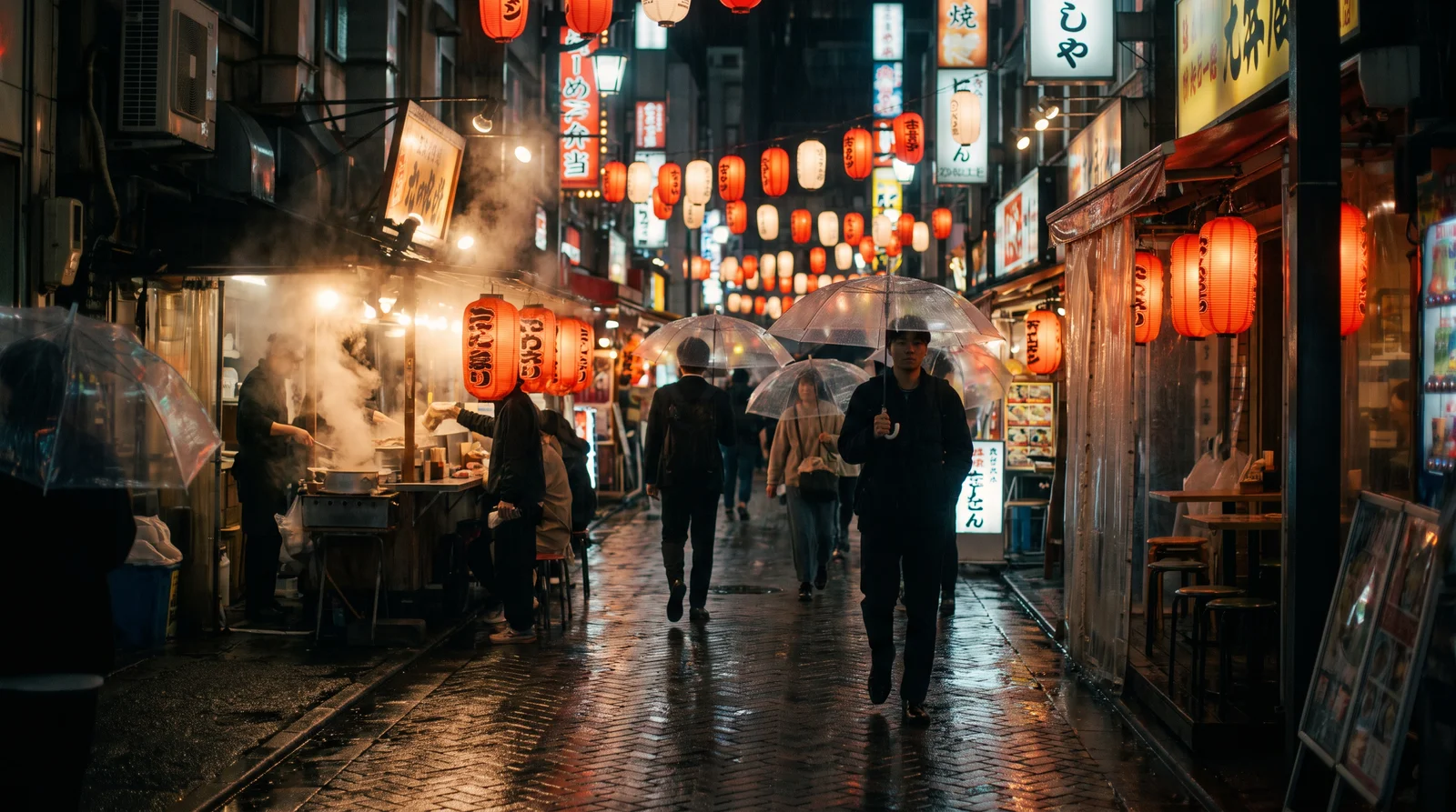 A rain-soaked night market with lanterns, steam and umbrellas, generated from a written brief