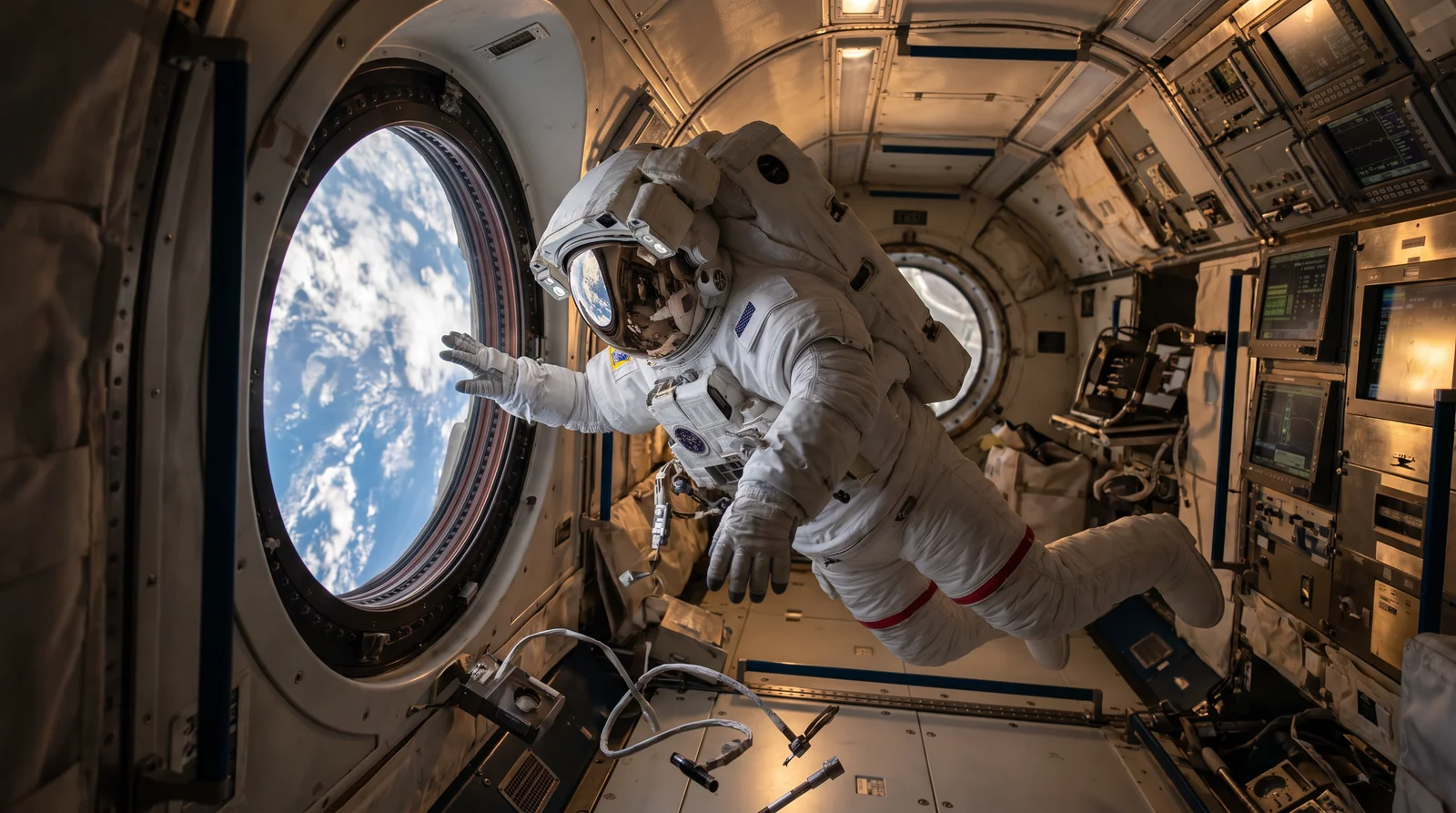 An astronaut floating beside a window over the Earth