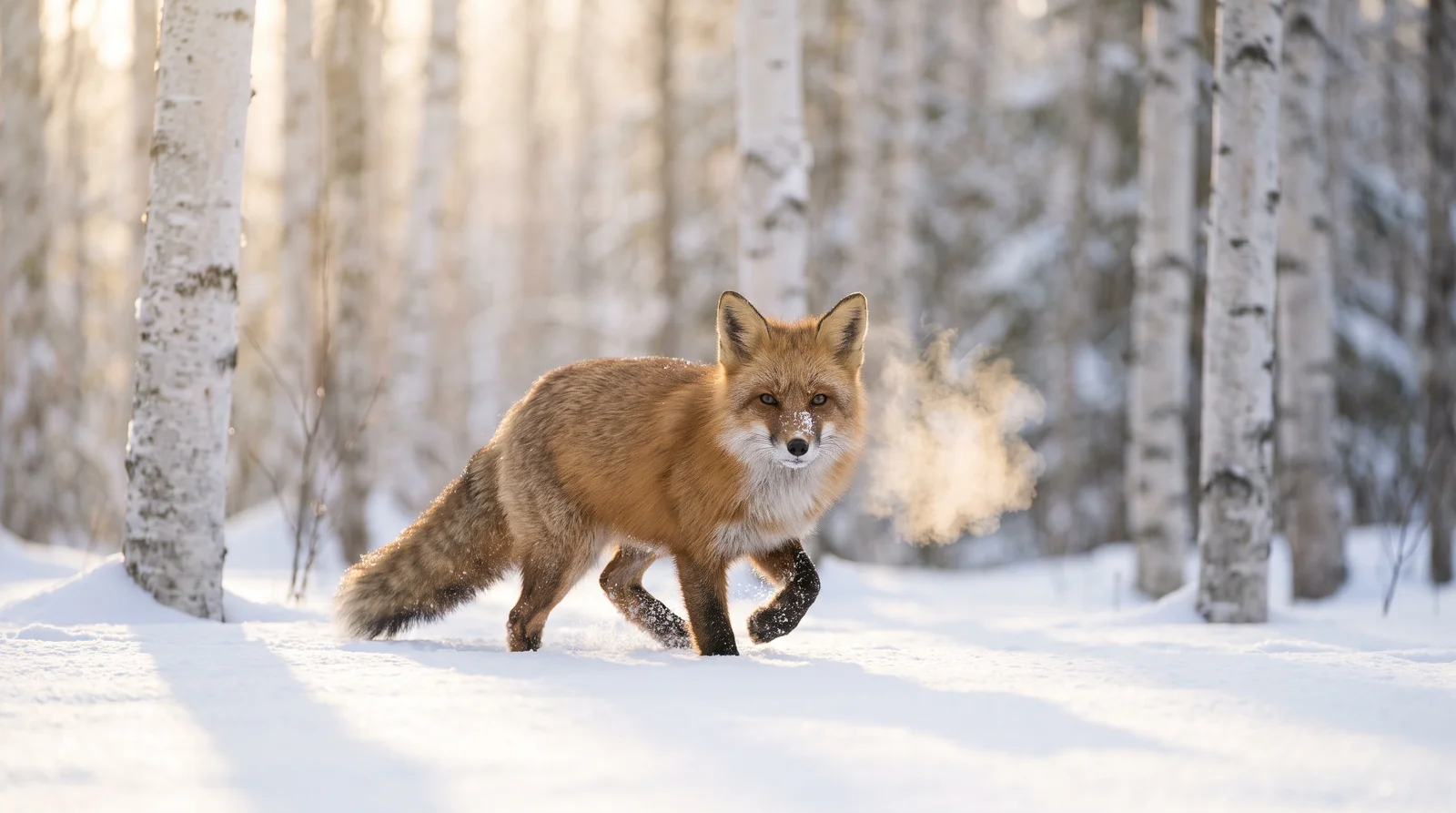 A red fox trotting through fresh snow in a birch forest