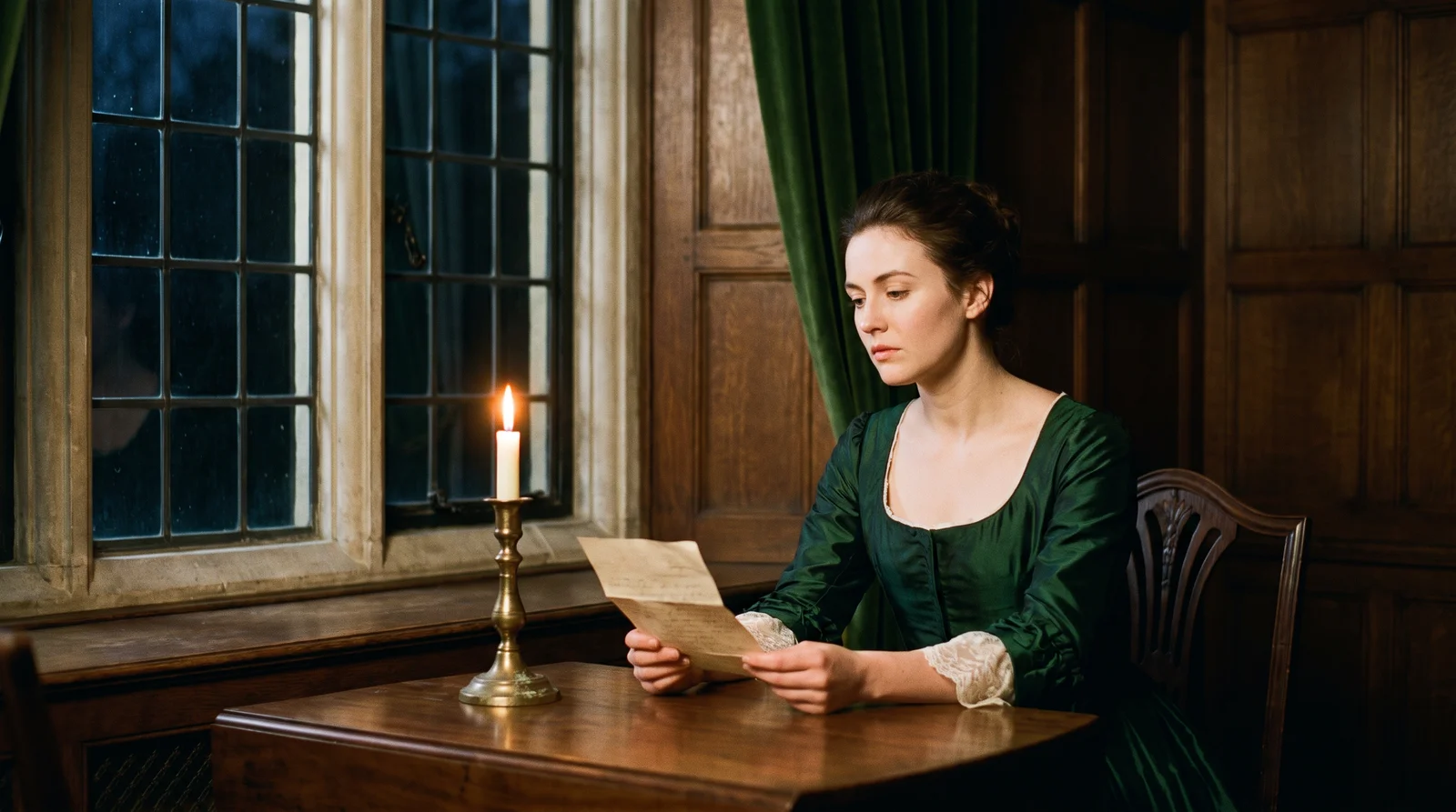 A Film Labs period-drama frame: a woman in an 1800s silk gown reading a letter by candlelight, on 35mm at f/1.4