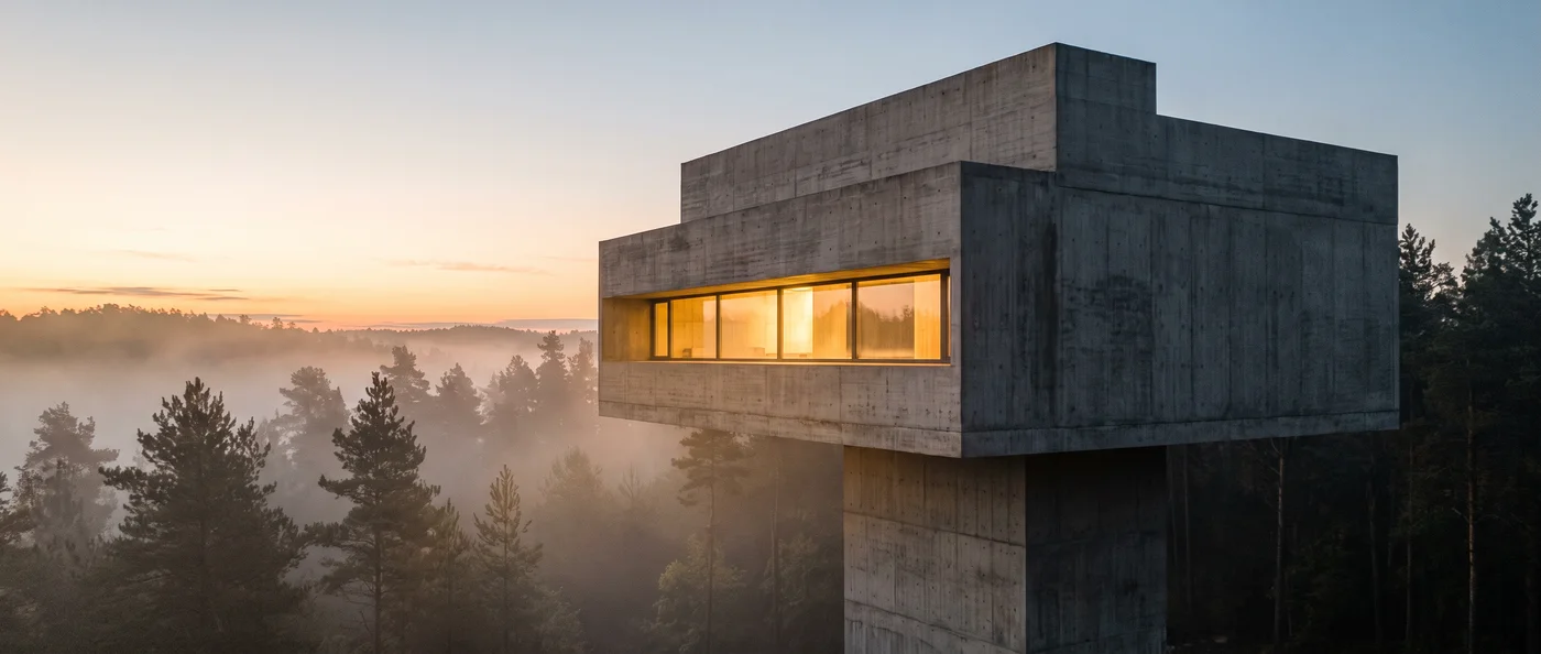 A concrete house cantilevered over a misty forest at dawn
