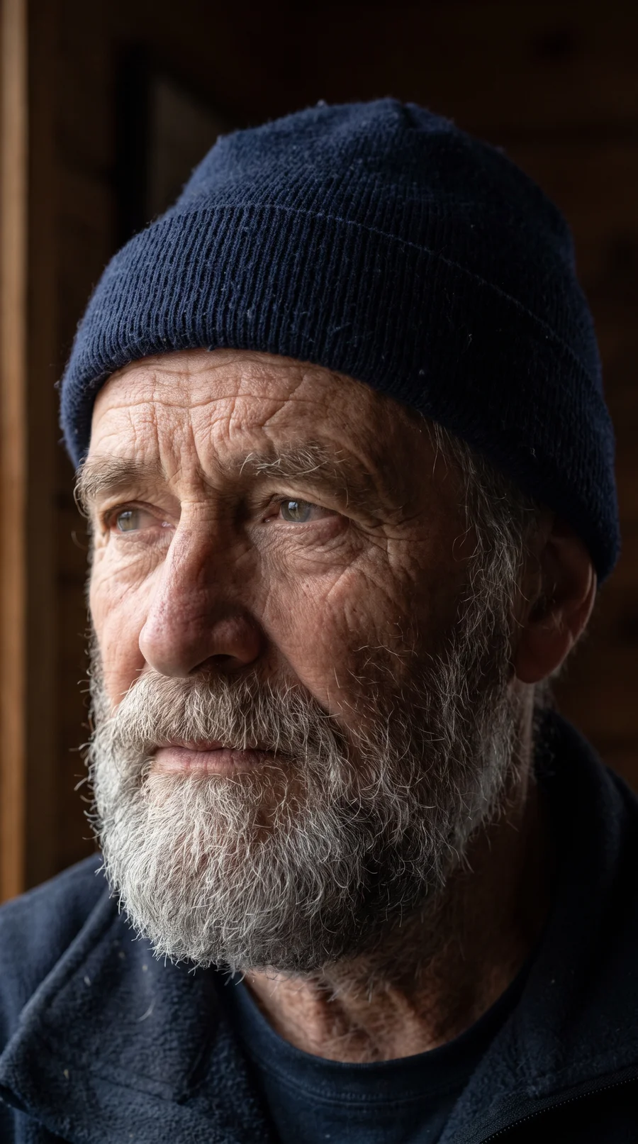An elderly fisherman in a wool cap, lit by a window