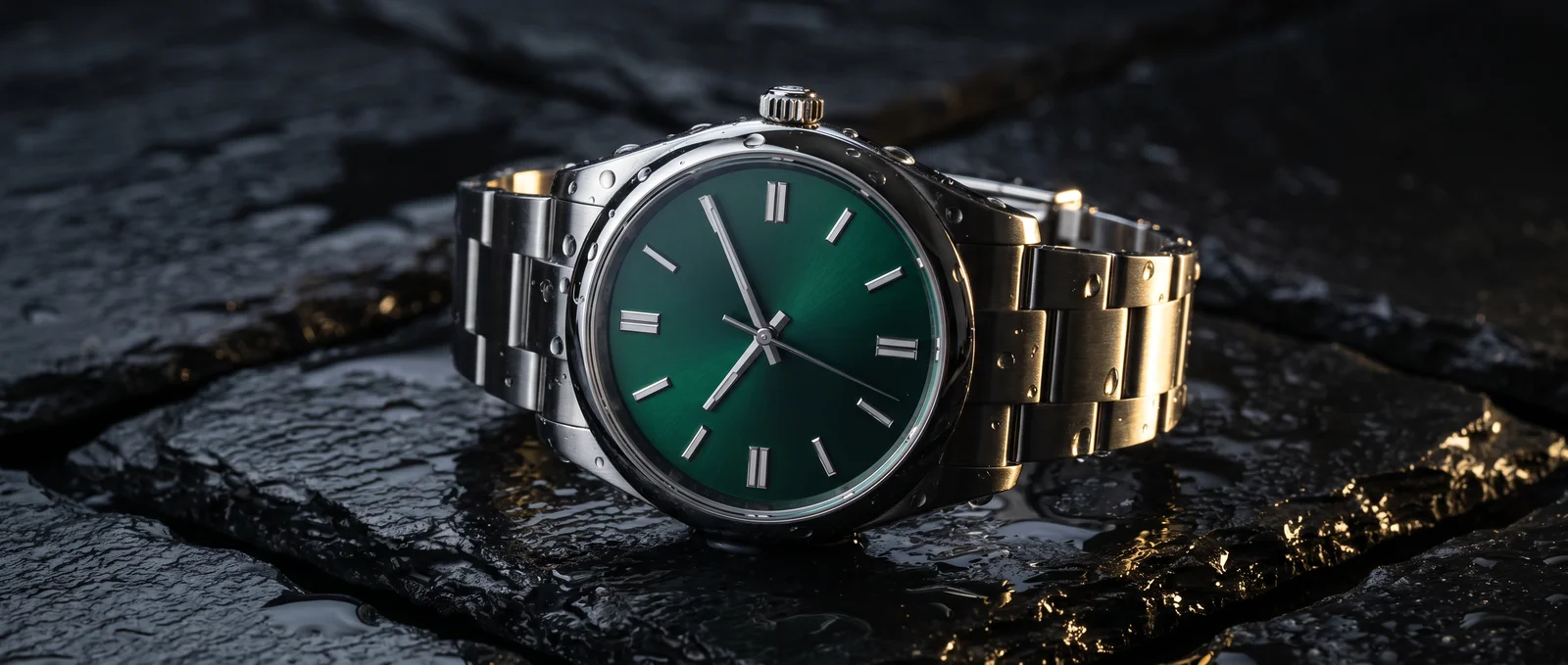 A steel watch with a green dial on wet slate
