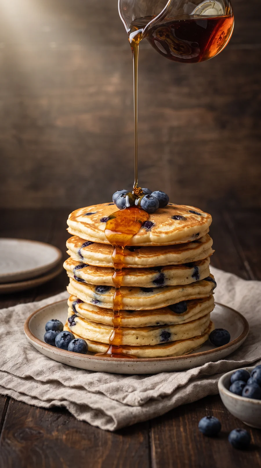Maple syrup pouring over a stack of blueberry pancakes