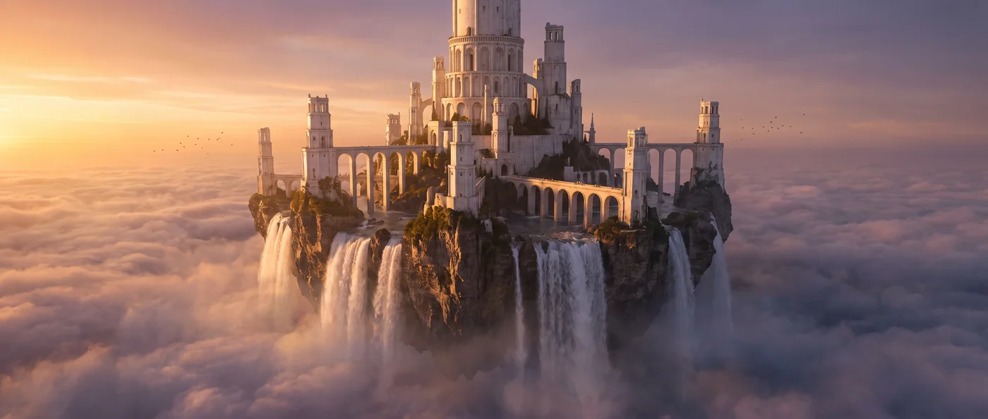 A floating island city pouring waterfalls into a sea of clouds