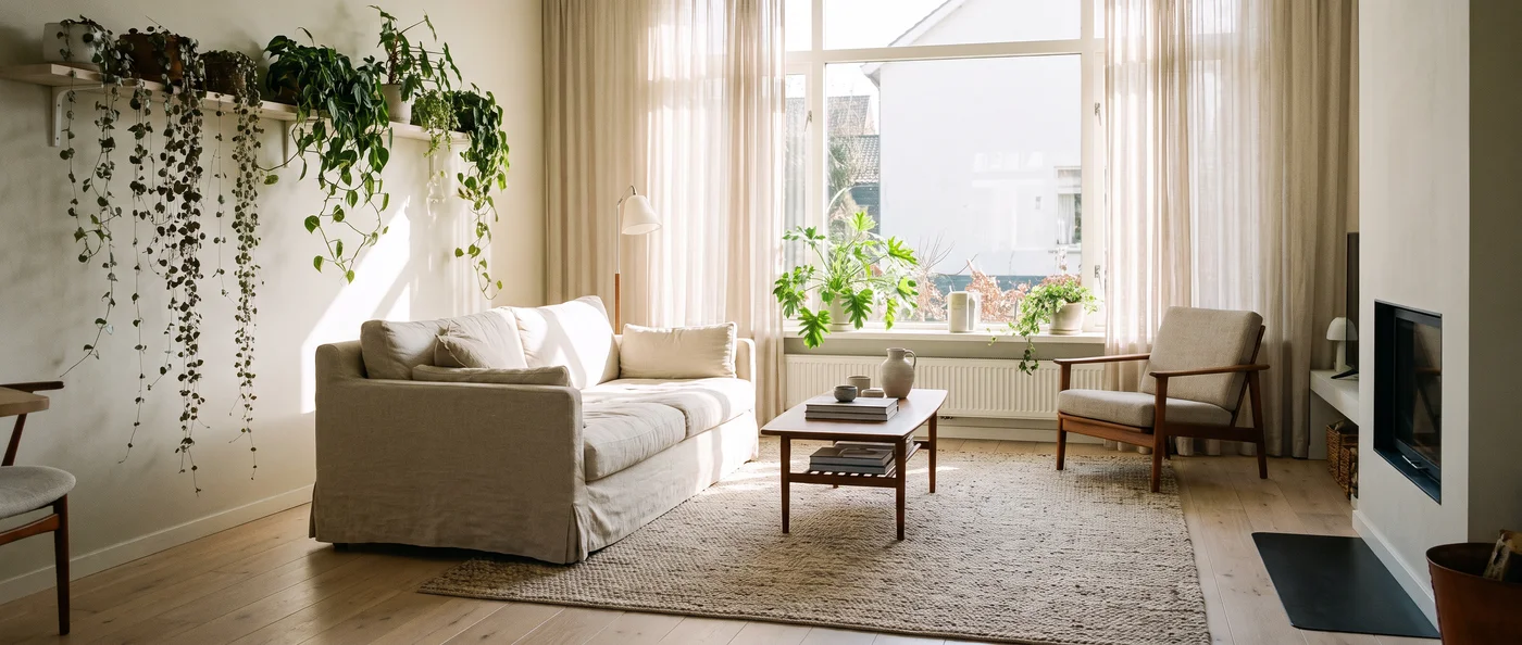 A sunlit Scandinavian living room with a linen sofa