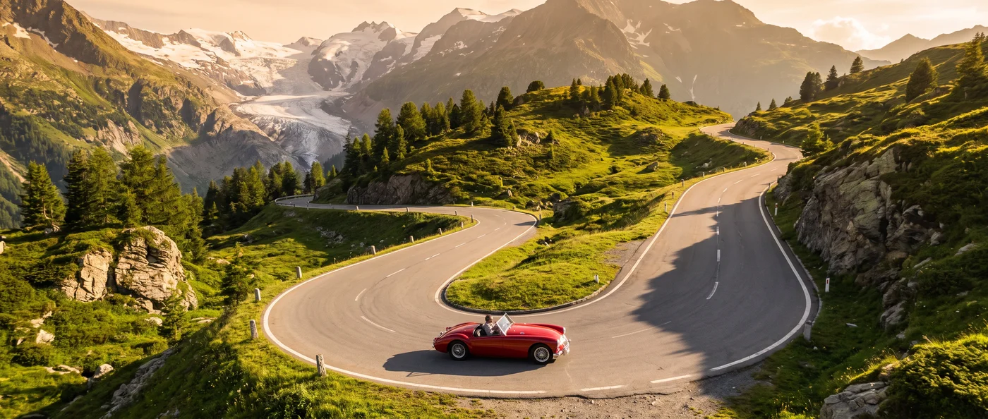 A red sports car on a winding alpine road