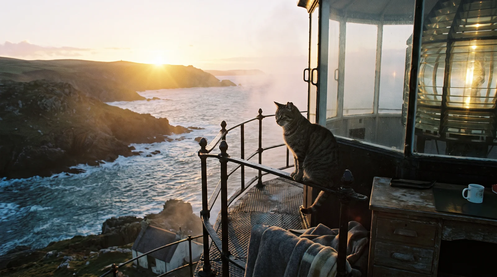 A tabby cat on a lighthouse gallery at dawn, the sea below — from the six-word request "a lighthouse keeper's cat at dawn"