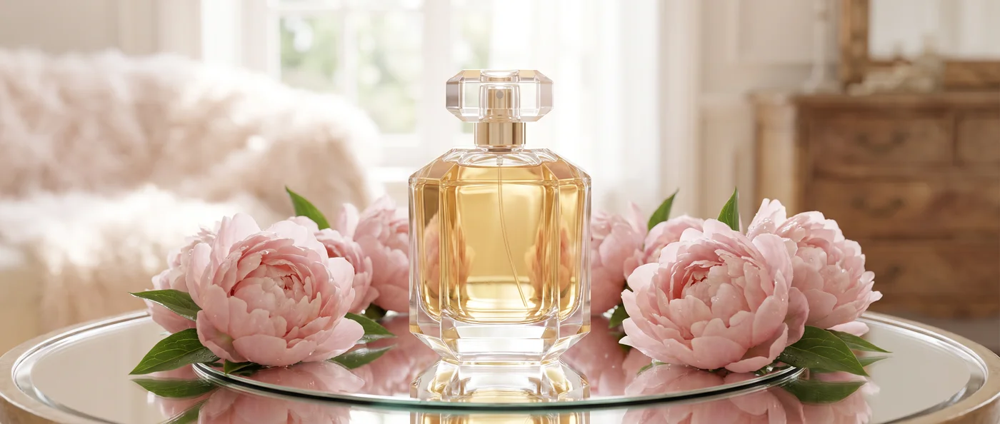 A faceted perfume bottle on a mirror among pale pink peonies