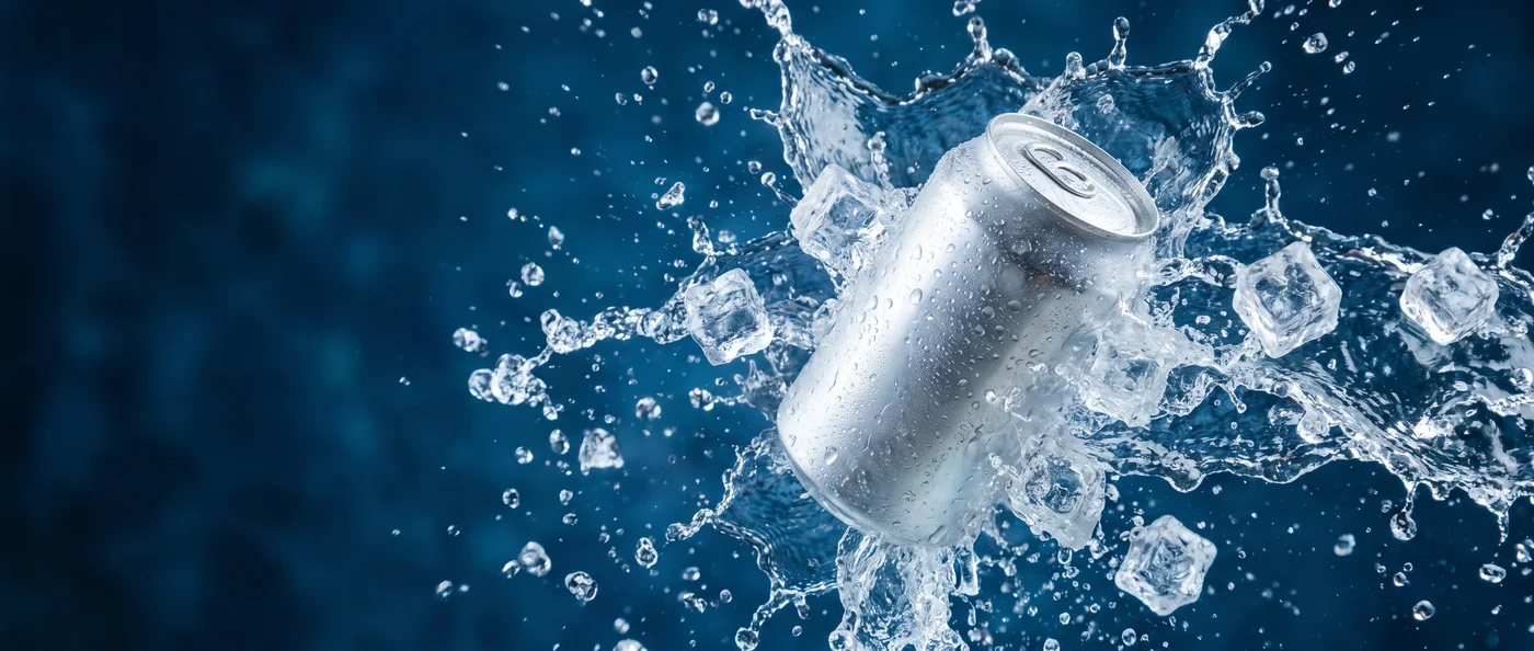 A frosted drink can bursting through a splash of iced water