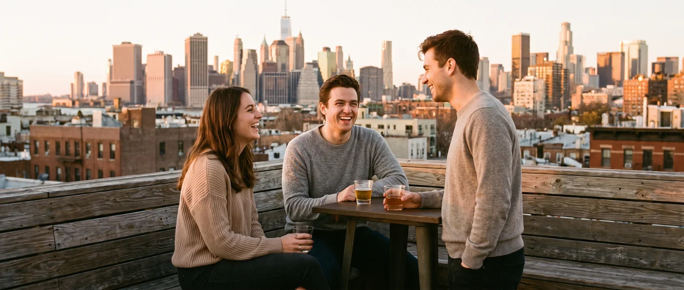 Three friends laughing on a rooftop terrace at sunset