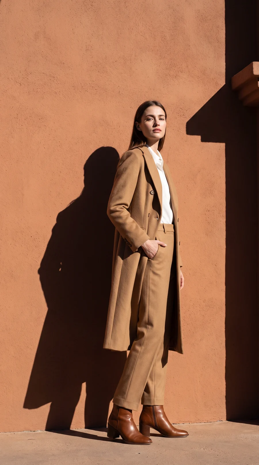 A woman in a camel coat against a terracotta wall in hard sun