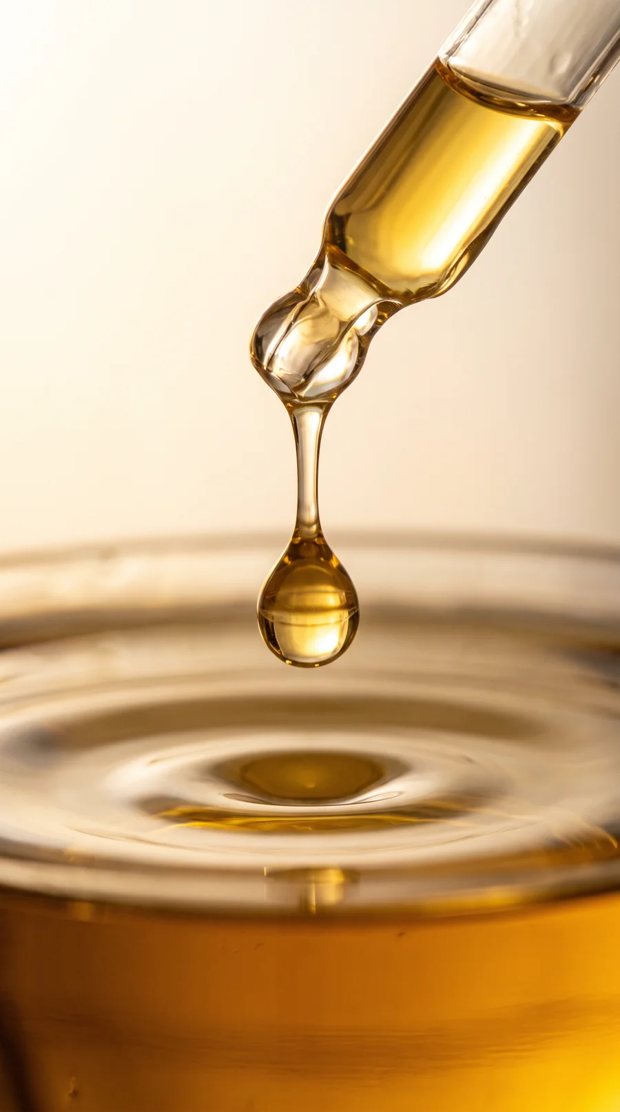 A golden drop of serum falling from a glass dropper