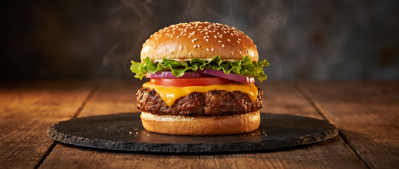 A flame-grilled burger with melting cheese on a slate board