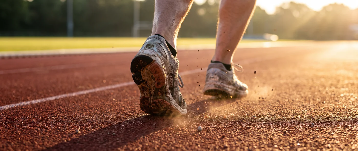 Running shoes mid-stride on a red track at dawn