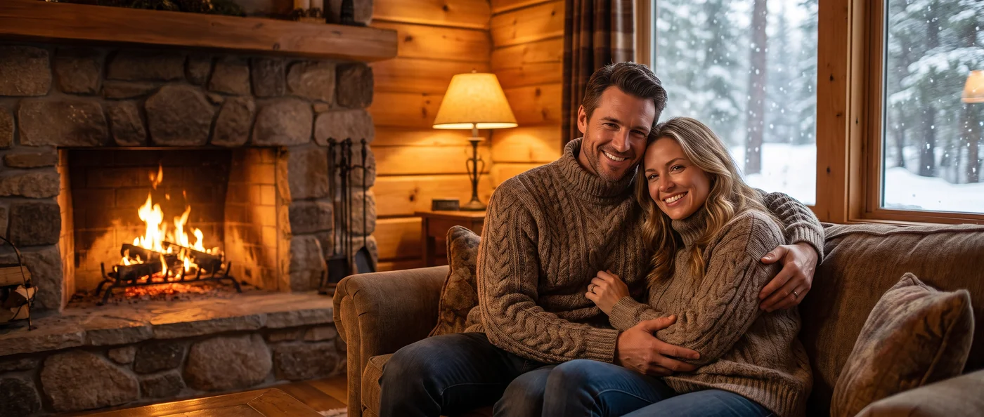 A couple in chunky wool sweaters by a cabin fire, snow outside