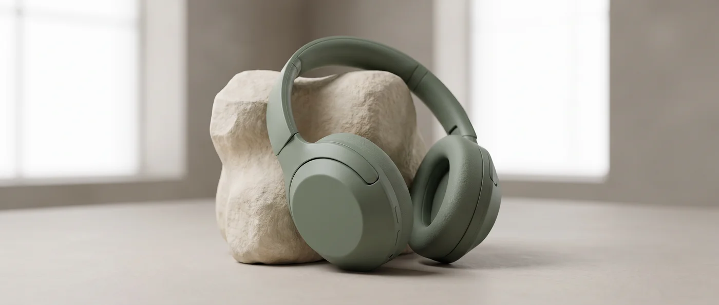 Sage-green wireless headphones resting on a sculptural cream stone