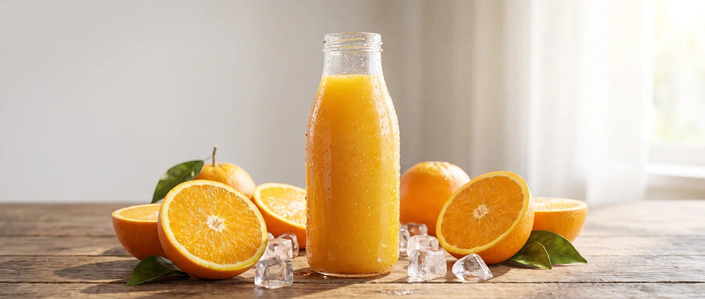 A bottle of cold-pressed orange juice among halved oranges and ice