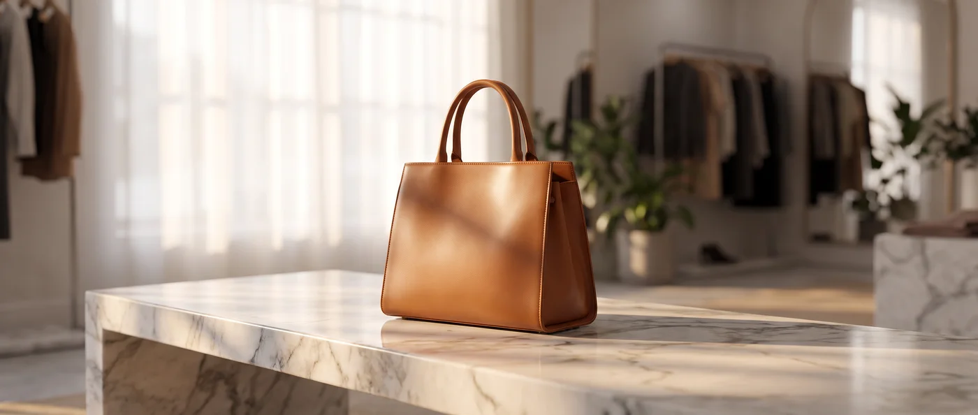 A structured tan leather handbag on a marble bench in a sunlit boutique