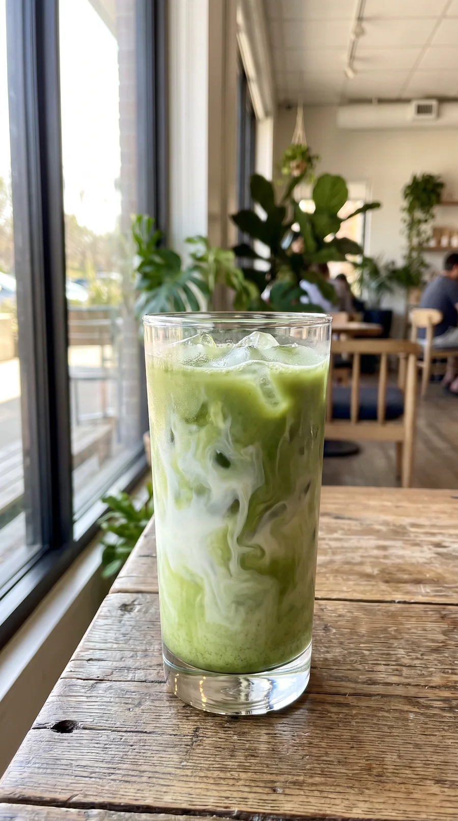 An iced matcha latte with milk swirling into the green, by a café window