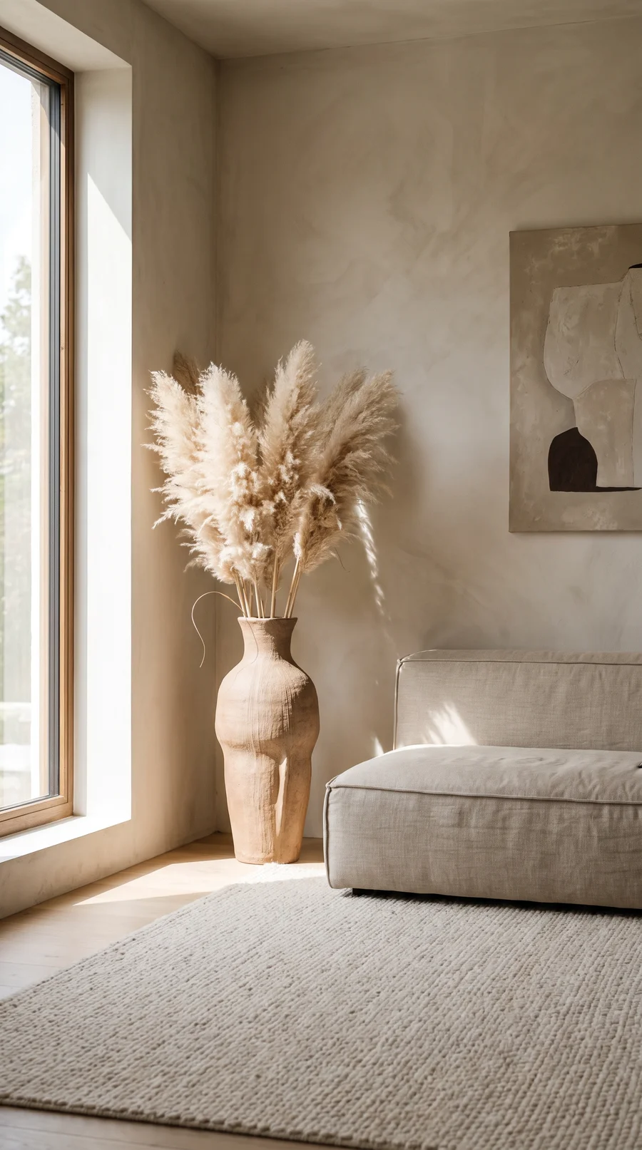 A tall ceramic vase of pampas grass in a bright, minimal room