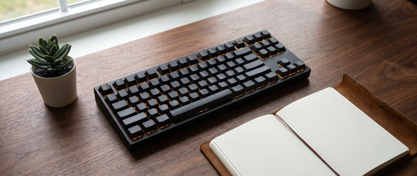 A mechanical keyboard with a warm amber backlight on a walnut desk