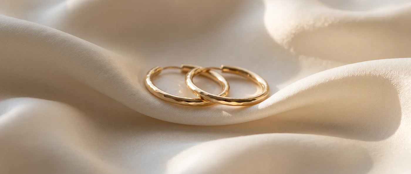 Gold hoop earrings resting on draped ivory satin