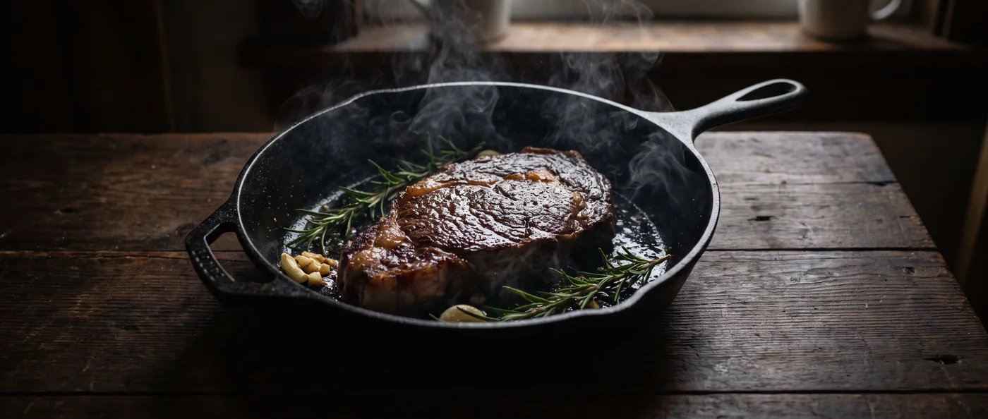 A steak sizzling in a cast-iron skillet with rosemary and garlic