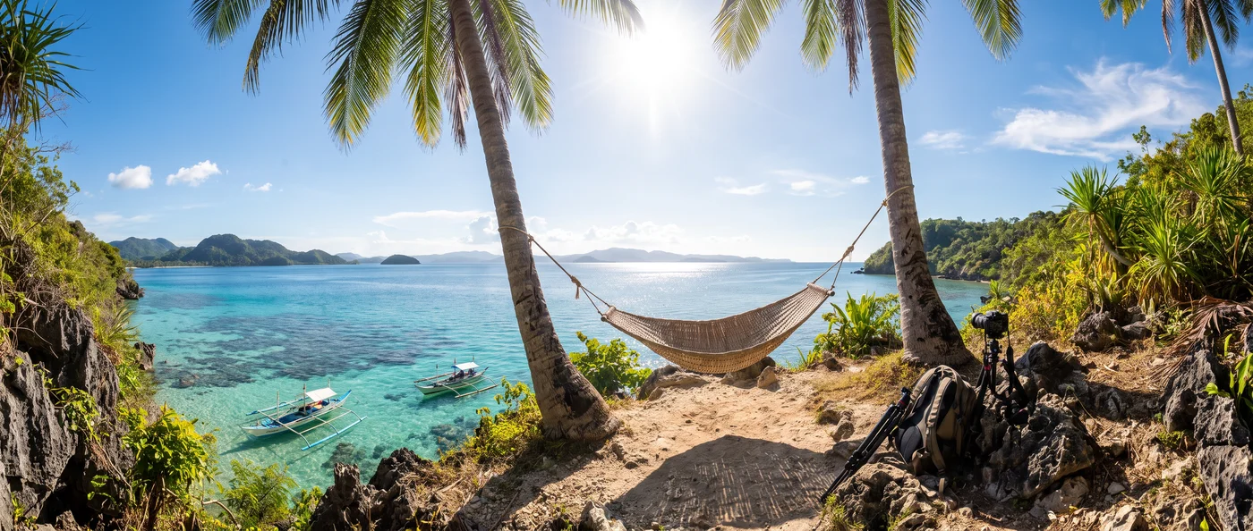 A turquoise lagoon seen from a cliff edge, a hammock strung between palms