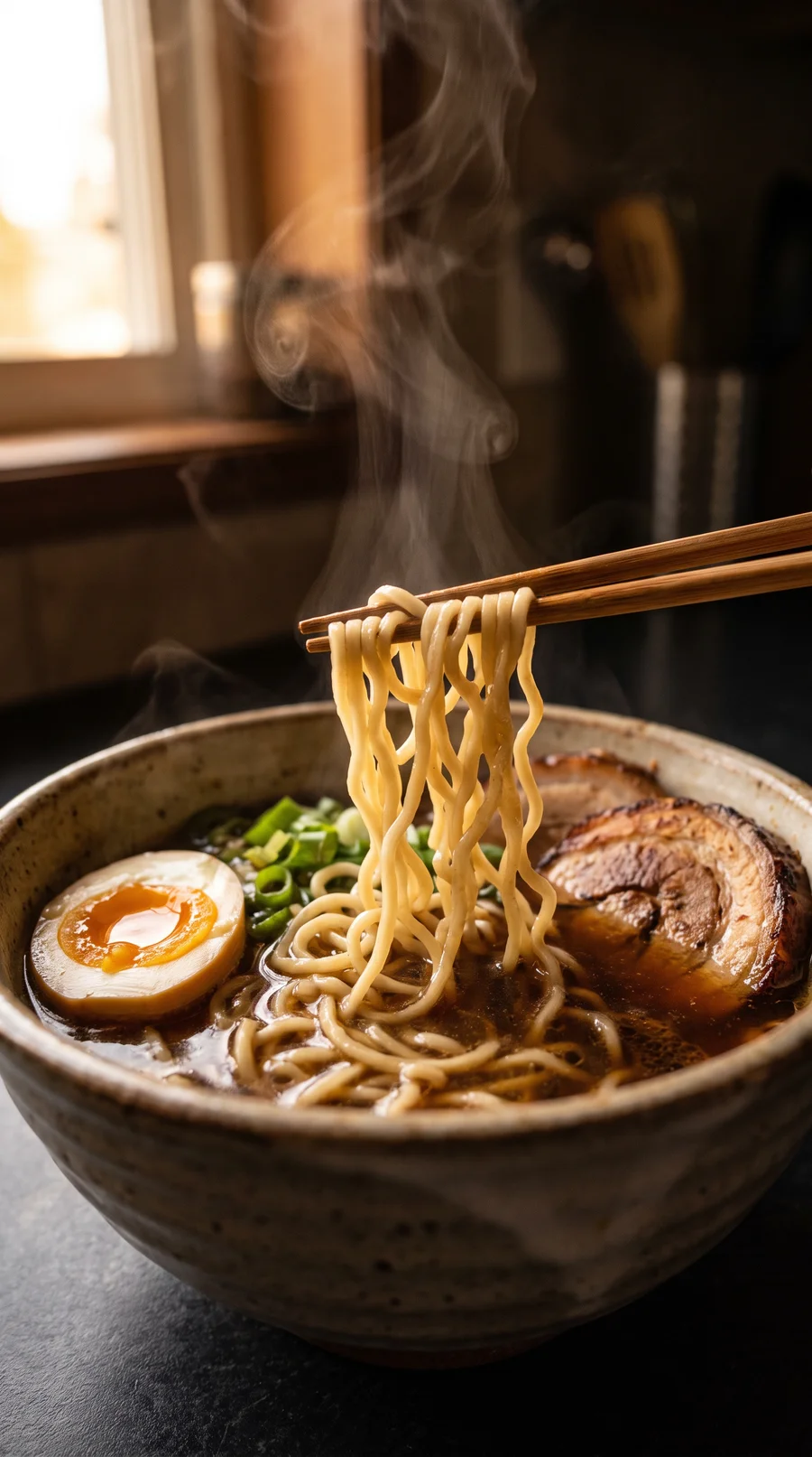 Chopsticks lifting noodles from a steaming bowl of ramen