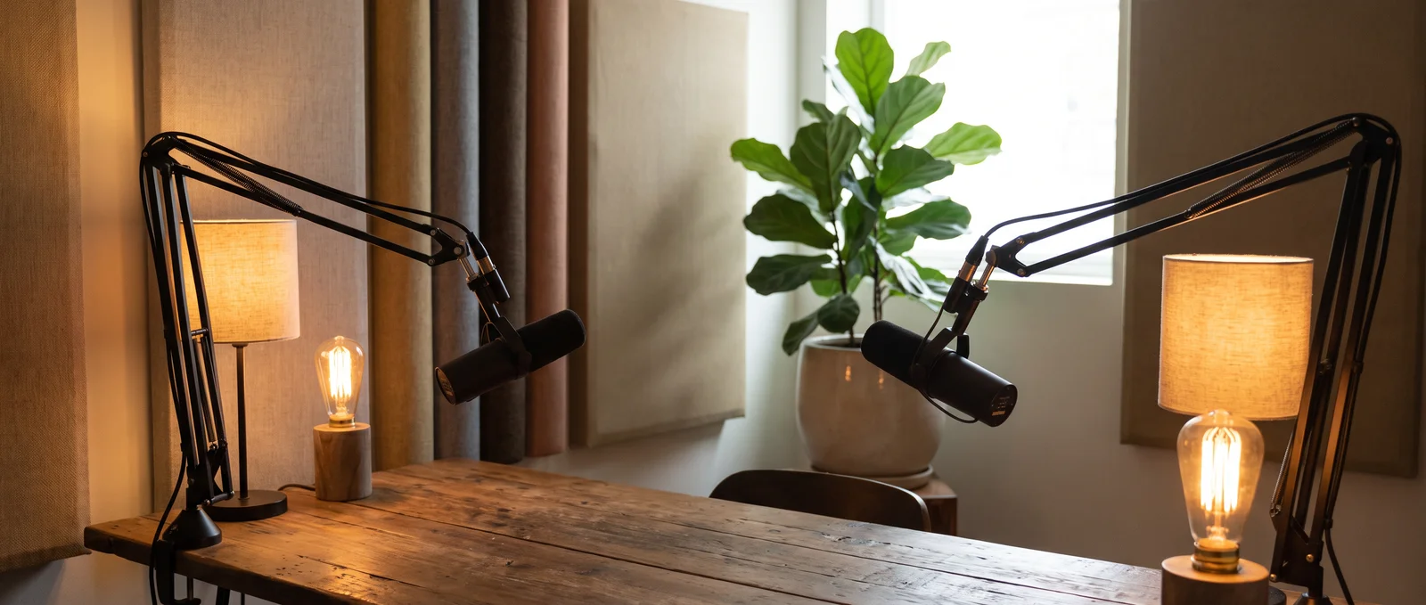 An empty podcast set: two microphones on boom arms and warm lamps