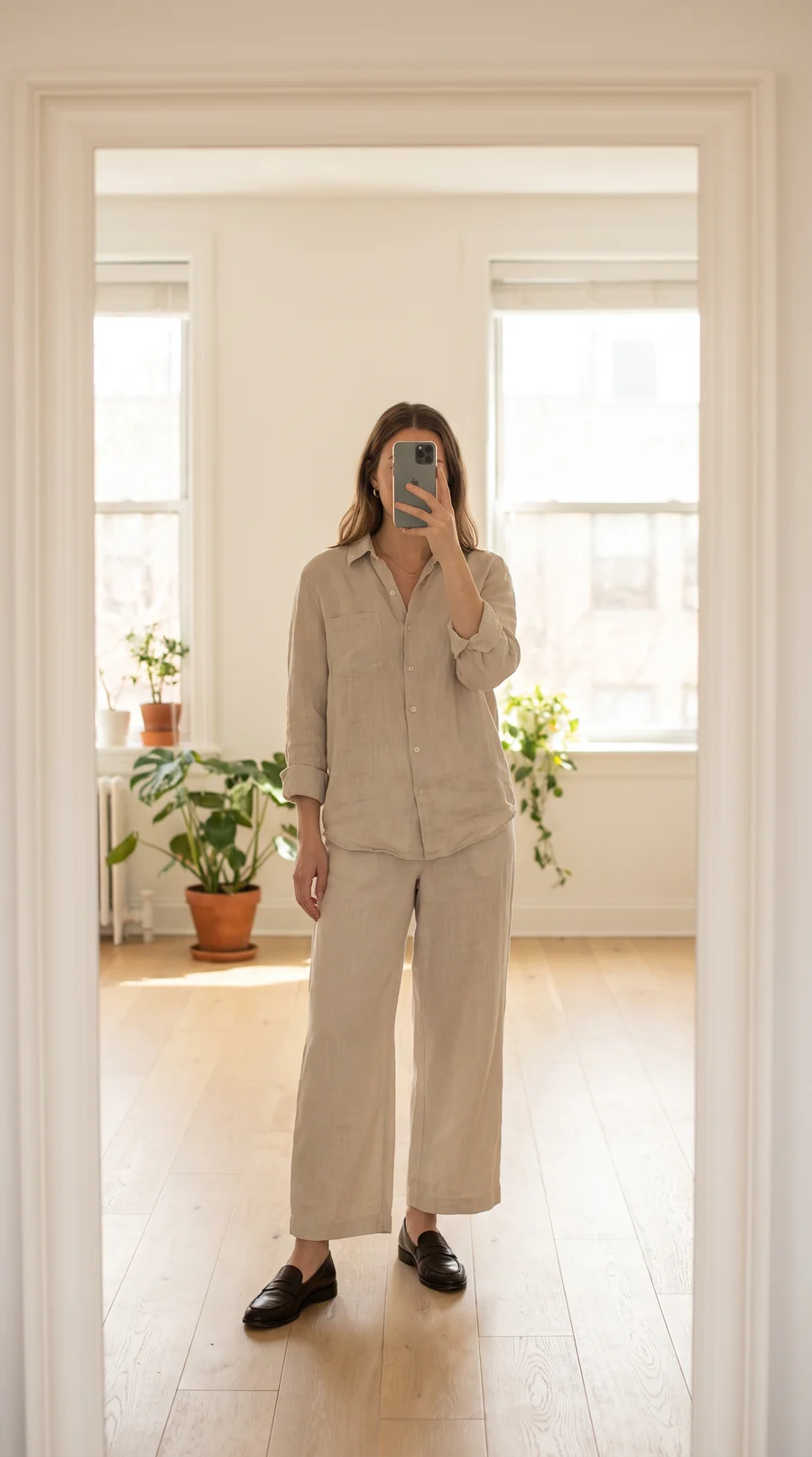 An outfit-of-the-day mirror shot in a bright apartment