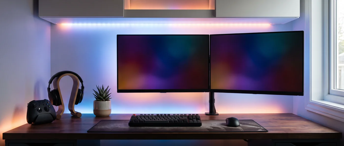 A gaming desk in soft RGB light, a controller and headphones beside it