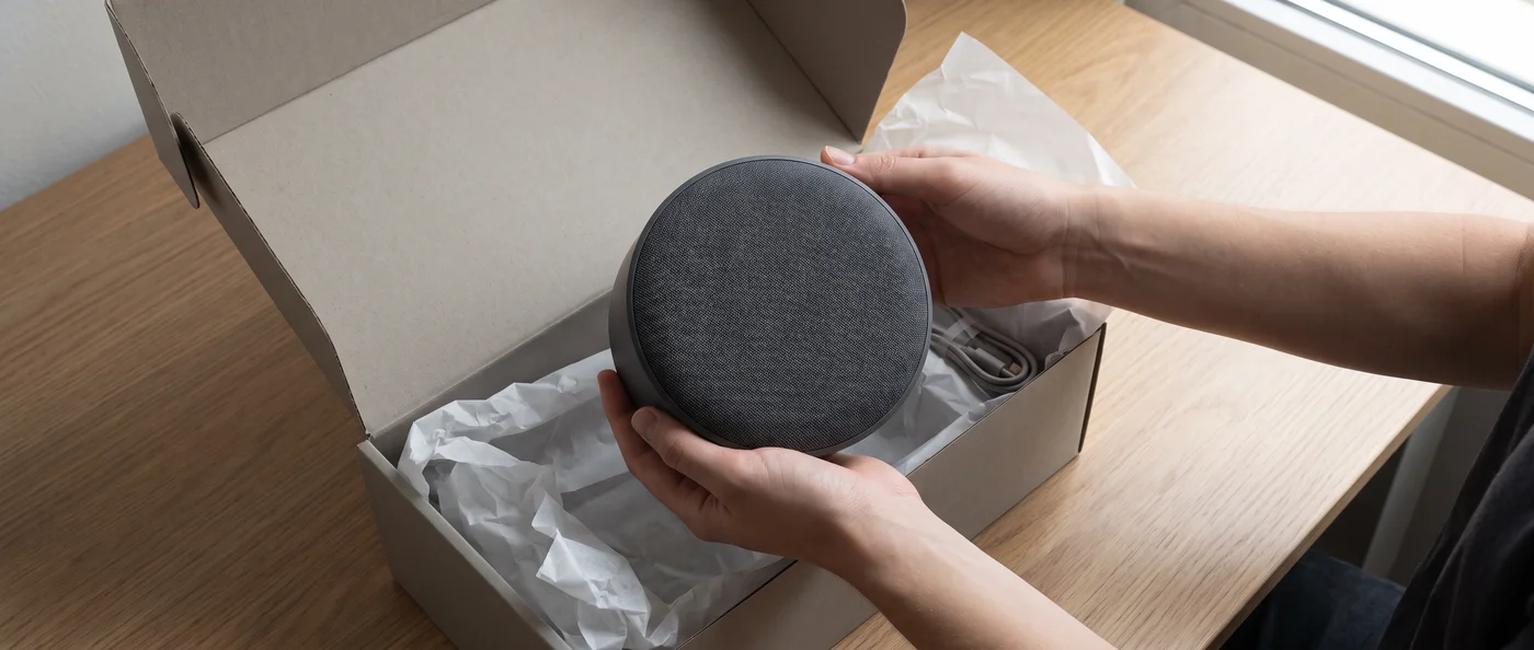 Hands unboxing a sleek wireless speaker from tissue paper