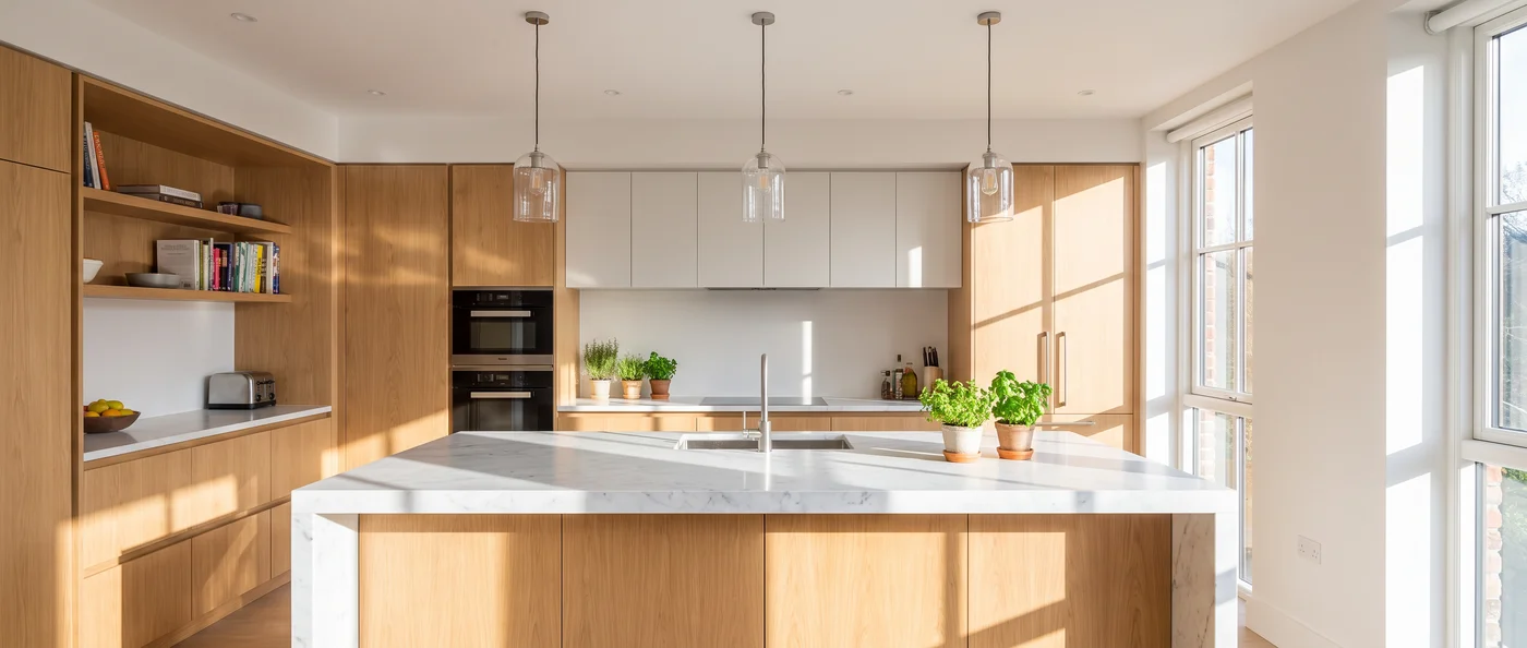 A bright kitchen with a marble island, pendant lights and oak cabinetry