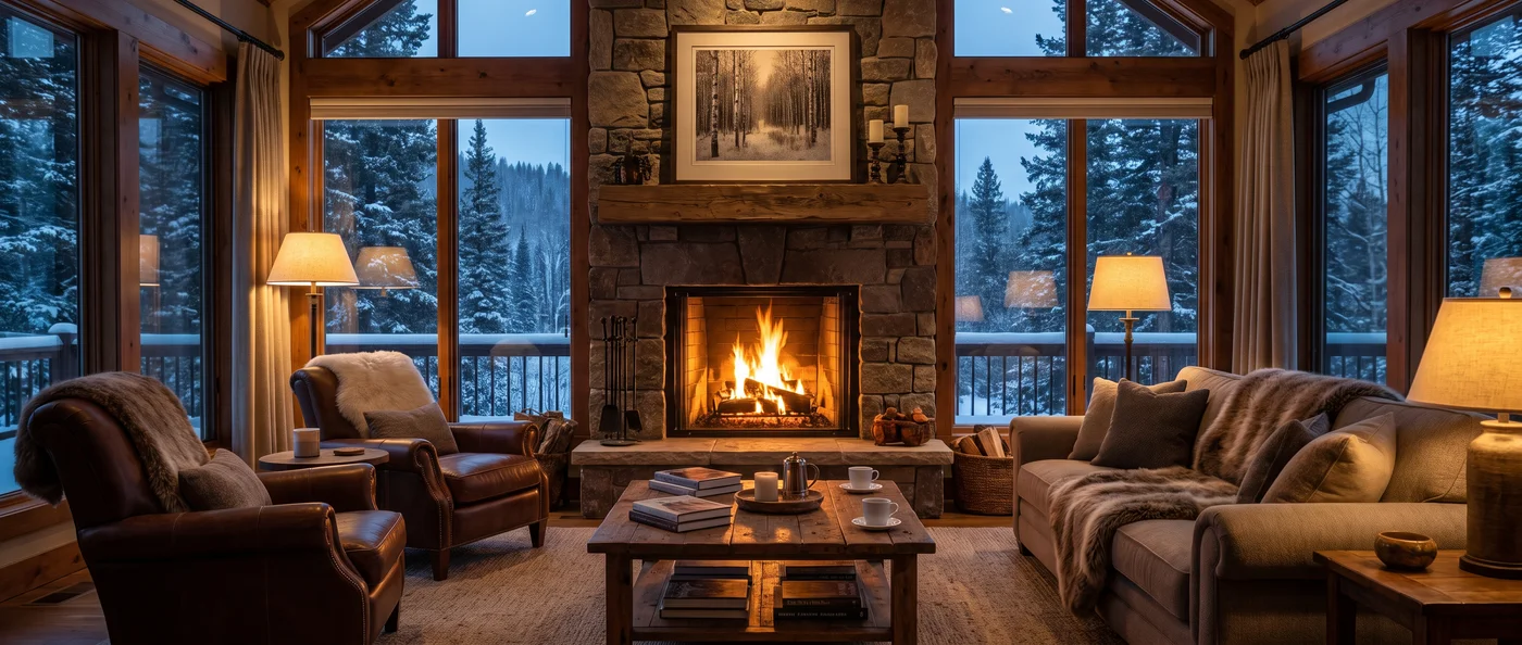 A living room with a stone fireplace and windows onto a snowy forest