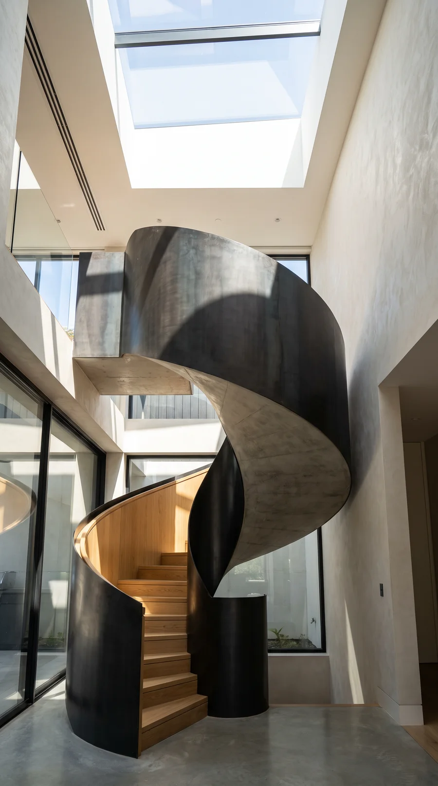 A sculptural spiral staircase under a skylight