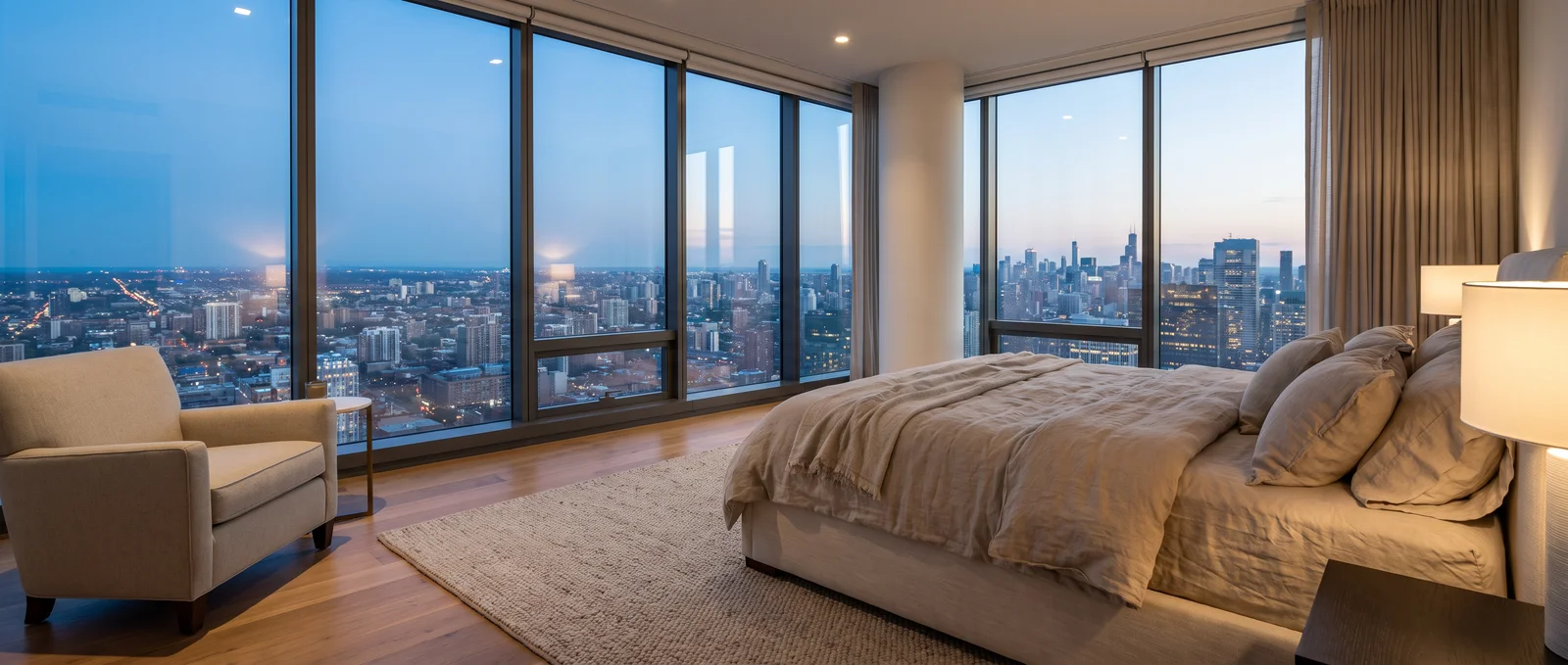 A master bedroom facing a city skyline at dusk