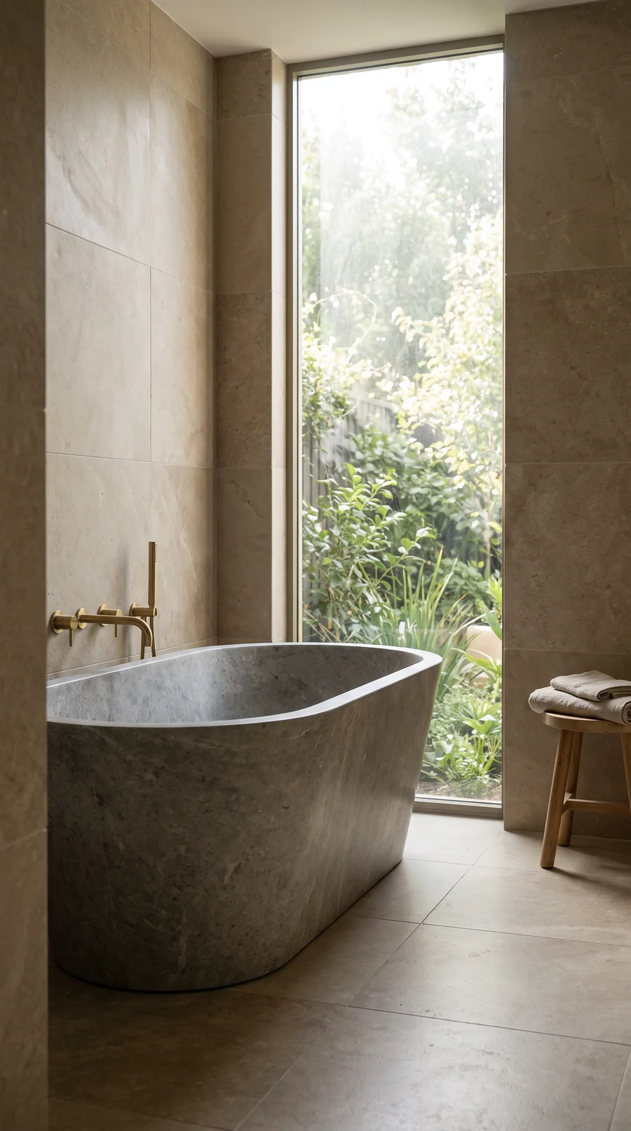 A freestanding stone bathtub by a tall window onto a garden