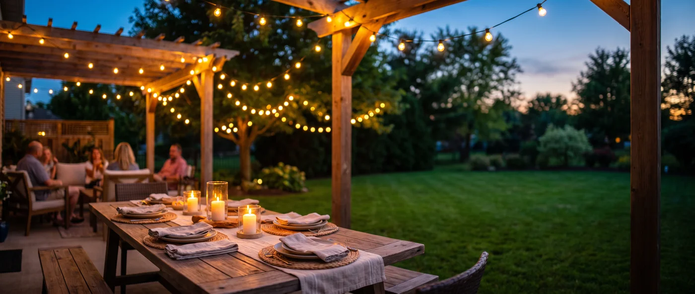 A backyard patio under string lights at dusk