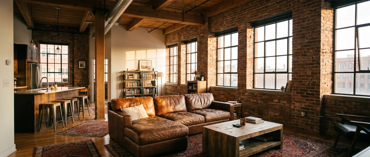 A converted loft with exposed brick and black steel windows