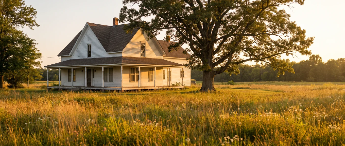 A white farmhouse with a wraparound porch at golden hour