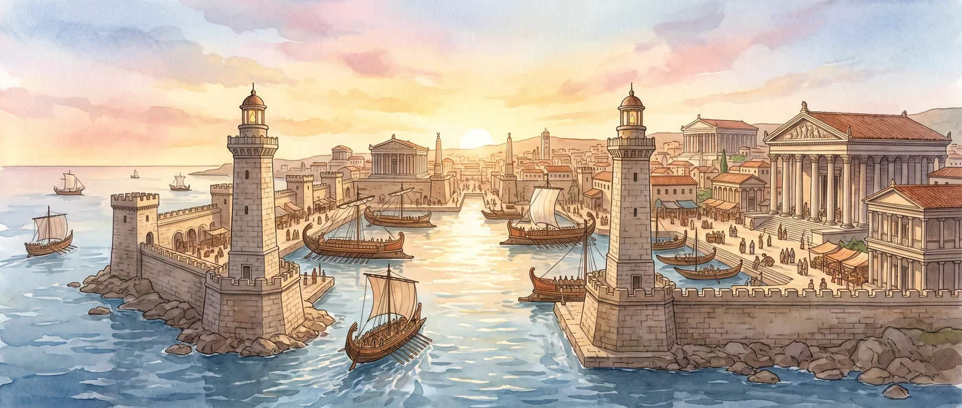 A watercolour of an ancient harbour city with galleys and stone lighthouses