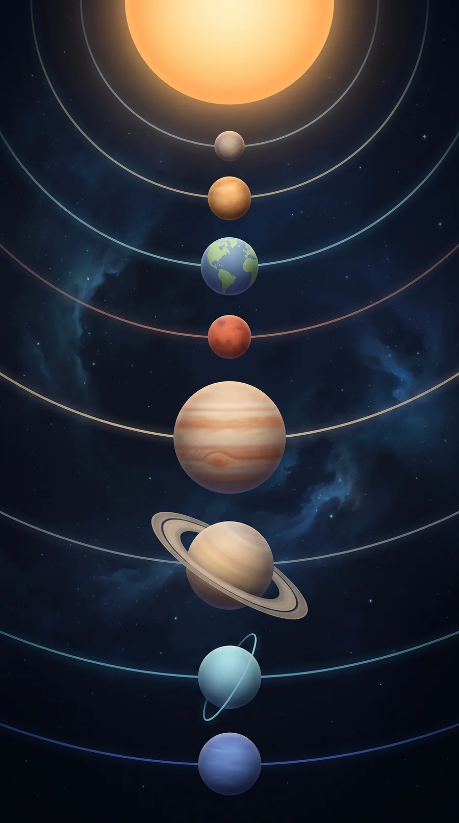 An illustrated solar system: the Sun and planets in their orbits