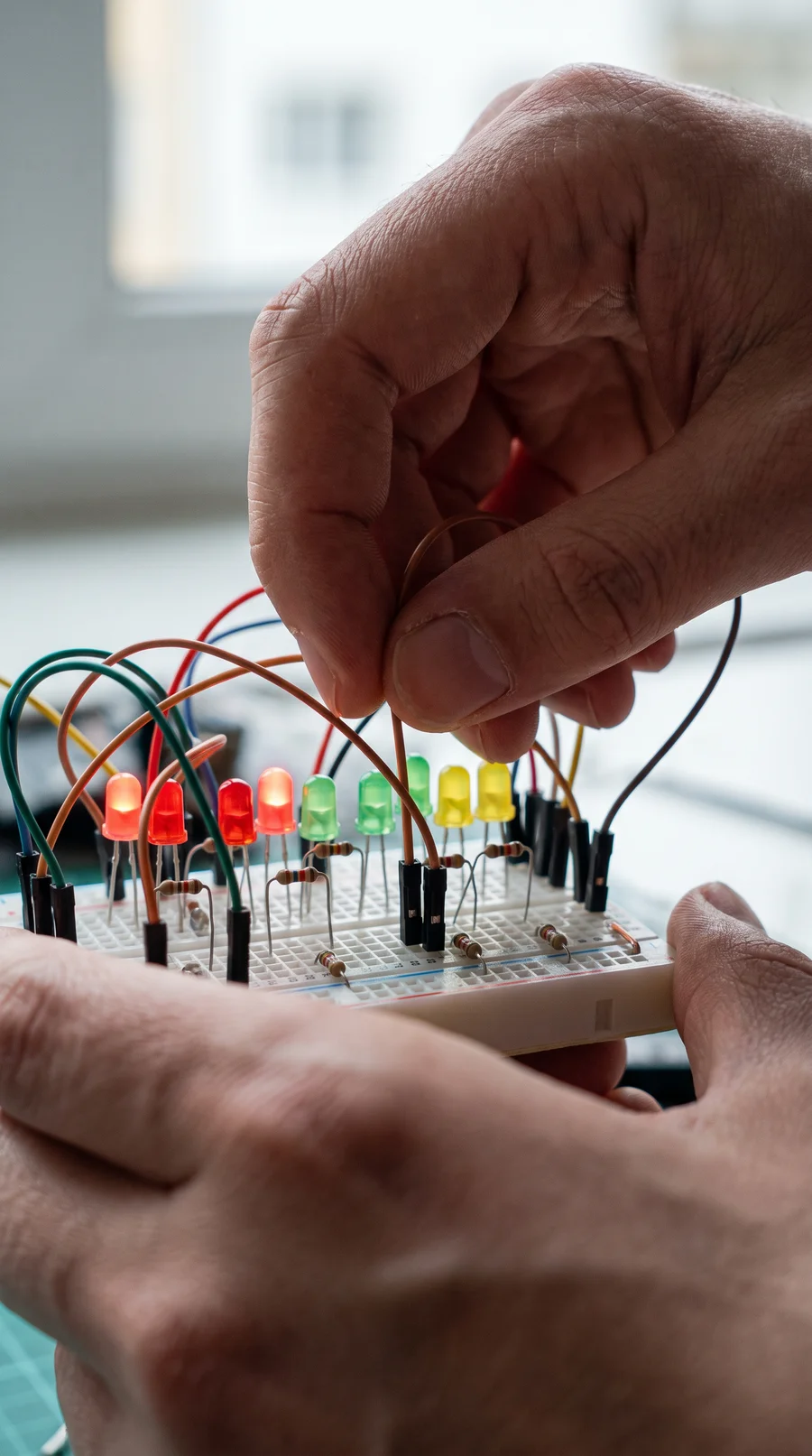 Hands building a circuit on a breadboard with glowing LEDs