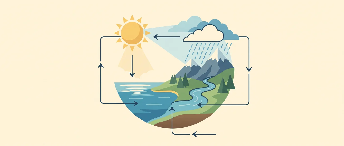 A flat illustration of the water cycle: sea, sun, clouds, rain and a river