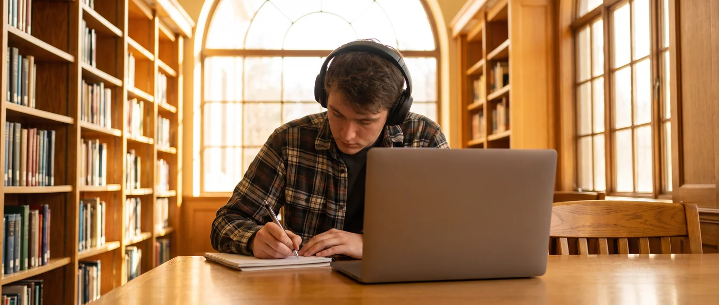 A student in headphones taking notes in a library