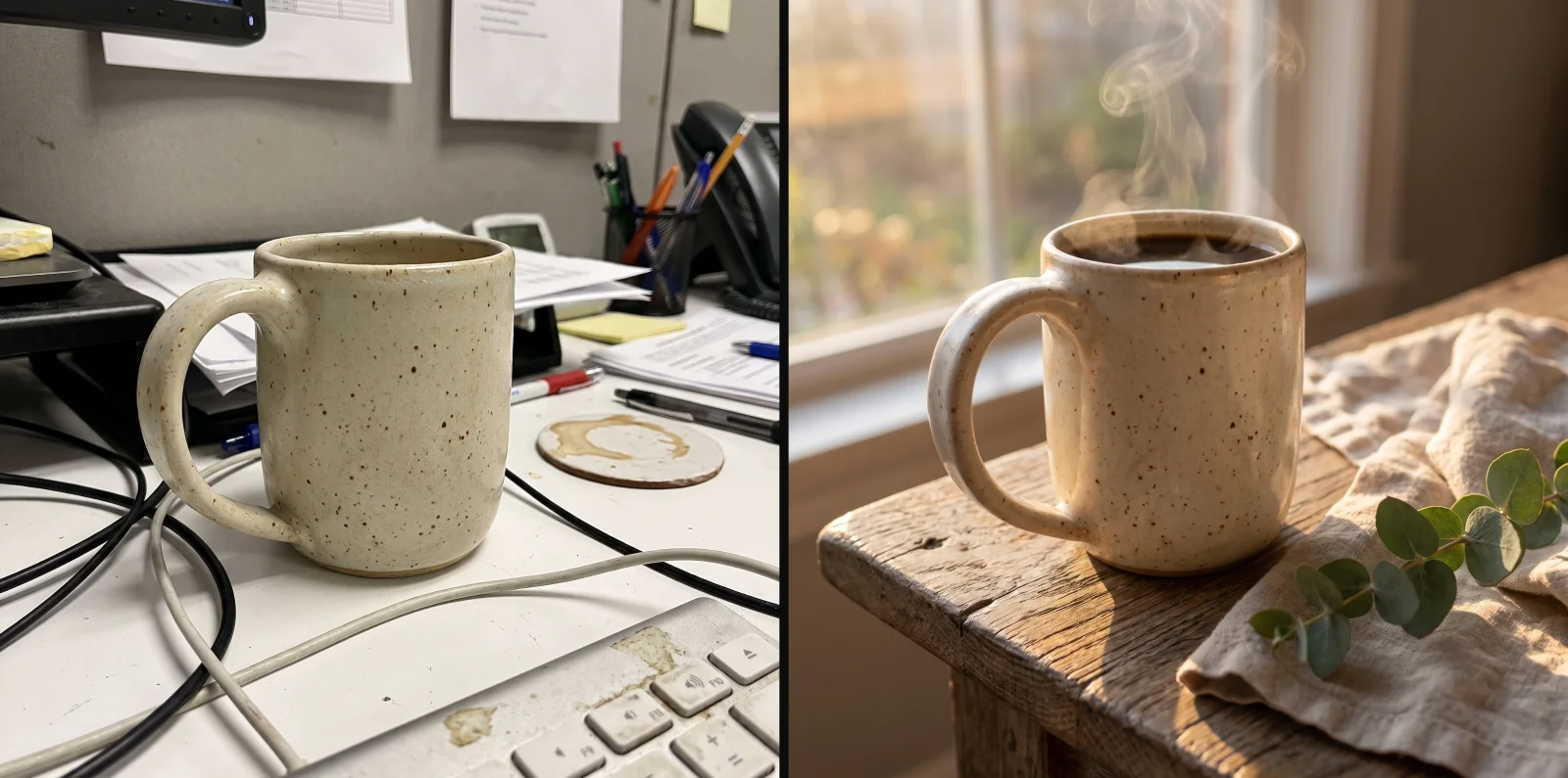 A phone photo of a speckled mug on a cluttered office desk, beside the same mug re-shot by the studio as a warm, sunlit product photo