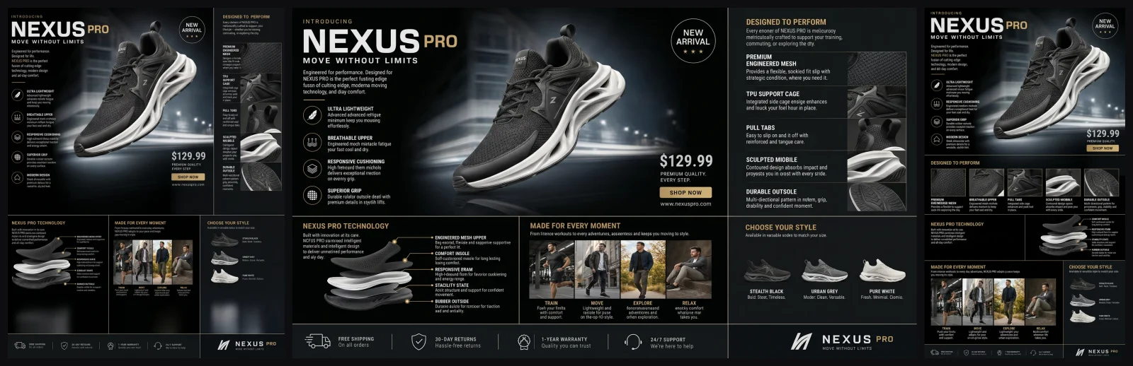 A sneaker poster remade by Smart Resize: the original, the same poster as a 16:9 banner with its panels side by side, and as a 9:16 story with them stacked