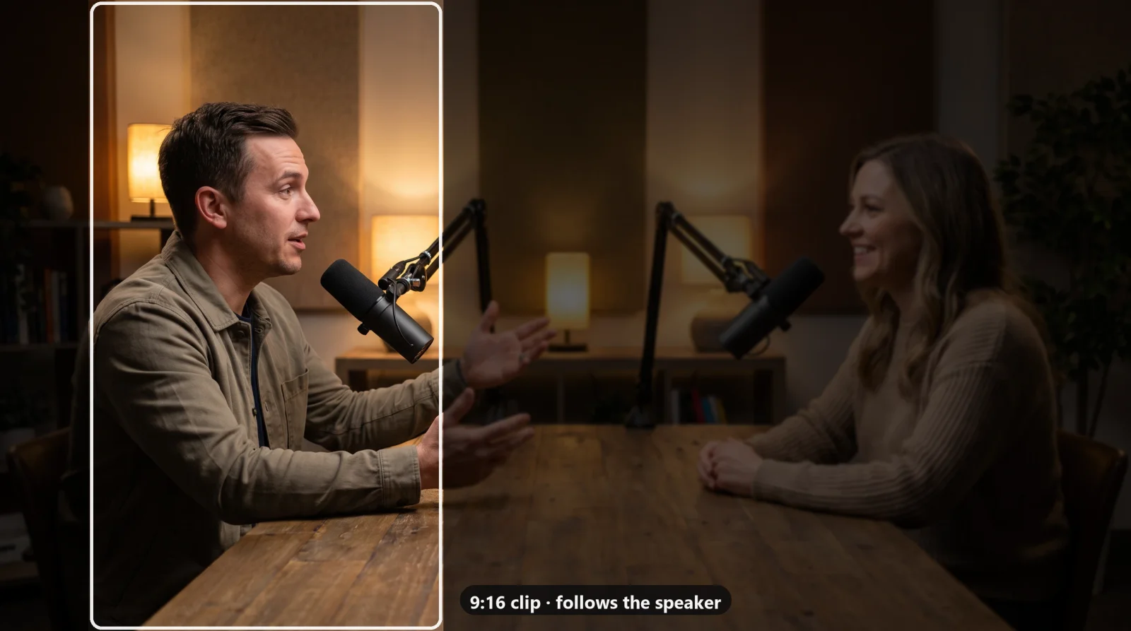 A two-host podcast episode with the vertical 9:16 clip marked on the host who is speaking